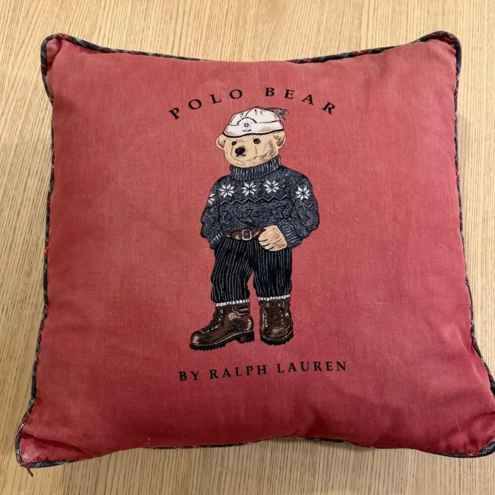 Ralph Lauren Polo Bear Throw Pillow Washed Red 18x18 Square Cotton Blend Indoor